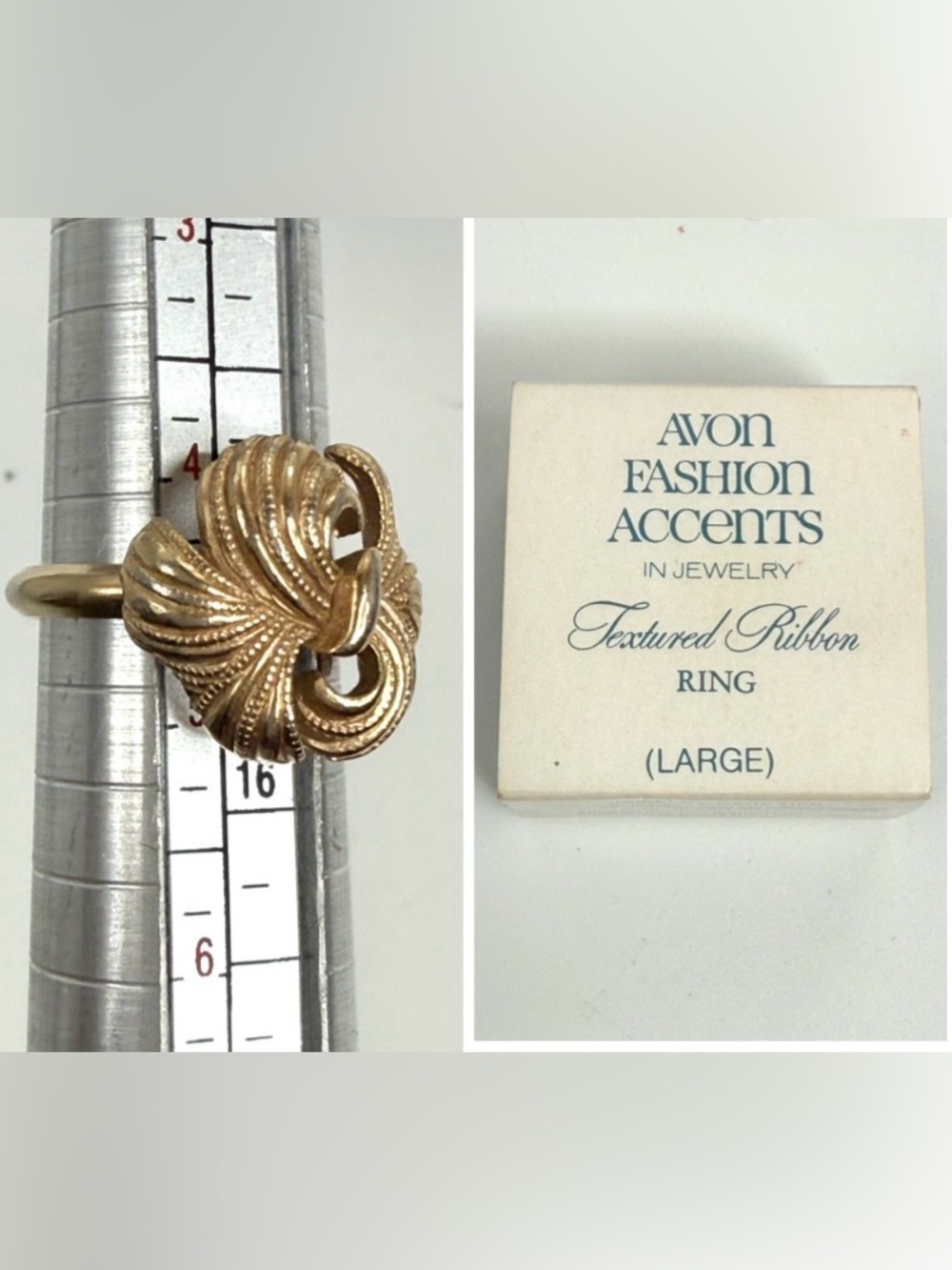 Avon feathered ribbon ring with box Gold Tone Swirling Textured Ribbon Ring
